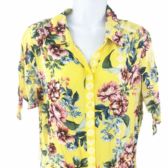 Y2K ECI New York Shirt Dress Size 4 Yellow Floral Button Up Short Sleeve NO BELT - Picture 3 of 7